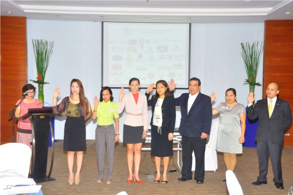 AHRM Cebu Chapter induction of officers: (from left) - Inducting Officer Rowena Montecillo,  Cheezka Mercader, Director (Park Place Hotel) Johanna Estremos, Director (The Mayflower Inn); Carla Zaldivia, Secretary (Moevenpick Resort & Spa), Eiza Florentino, Auditor (Bluwater Resorts Maribago); Bobot Cadoy, President (Cebu City Marriott Hotel); Aimee Cortes, Secretary (Marco Polo Cebu) and Greg de Garriz, Vice President (Radisson Blu Cebu)